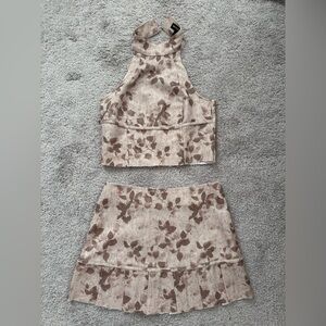 PrettyLittleThing Brown Floral Mini Skirt and Top Set